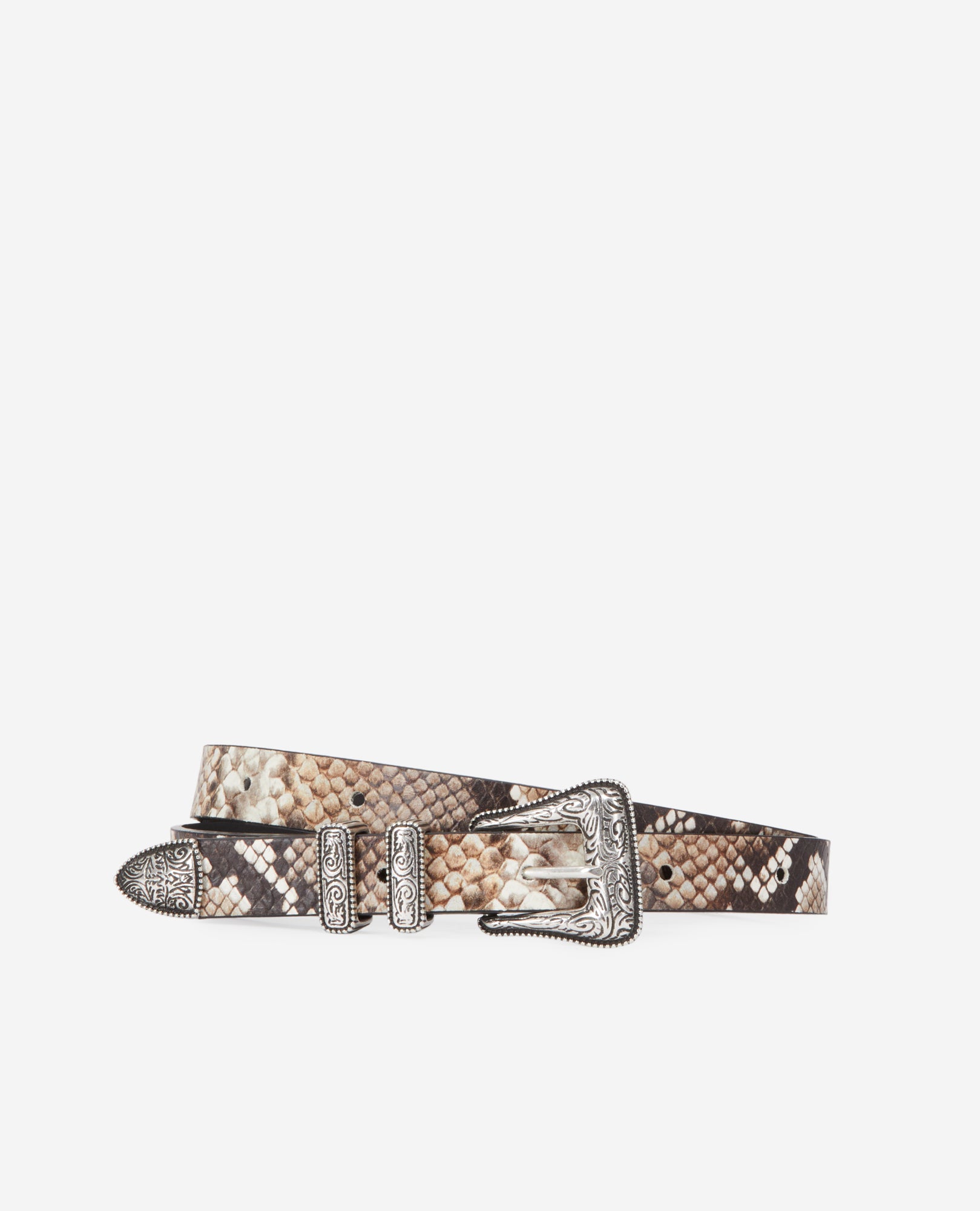 Thin Snakeskin-Effect Leather Belt With Western-Style Buckle | Women | Beige x Brown