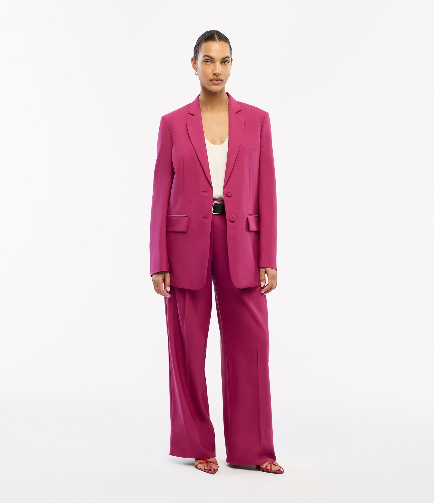 Another Tomorrow Relaxed Wide Leg Pant in Magenta – Wool Women's Trousers
