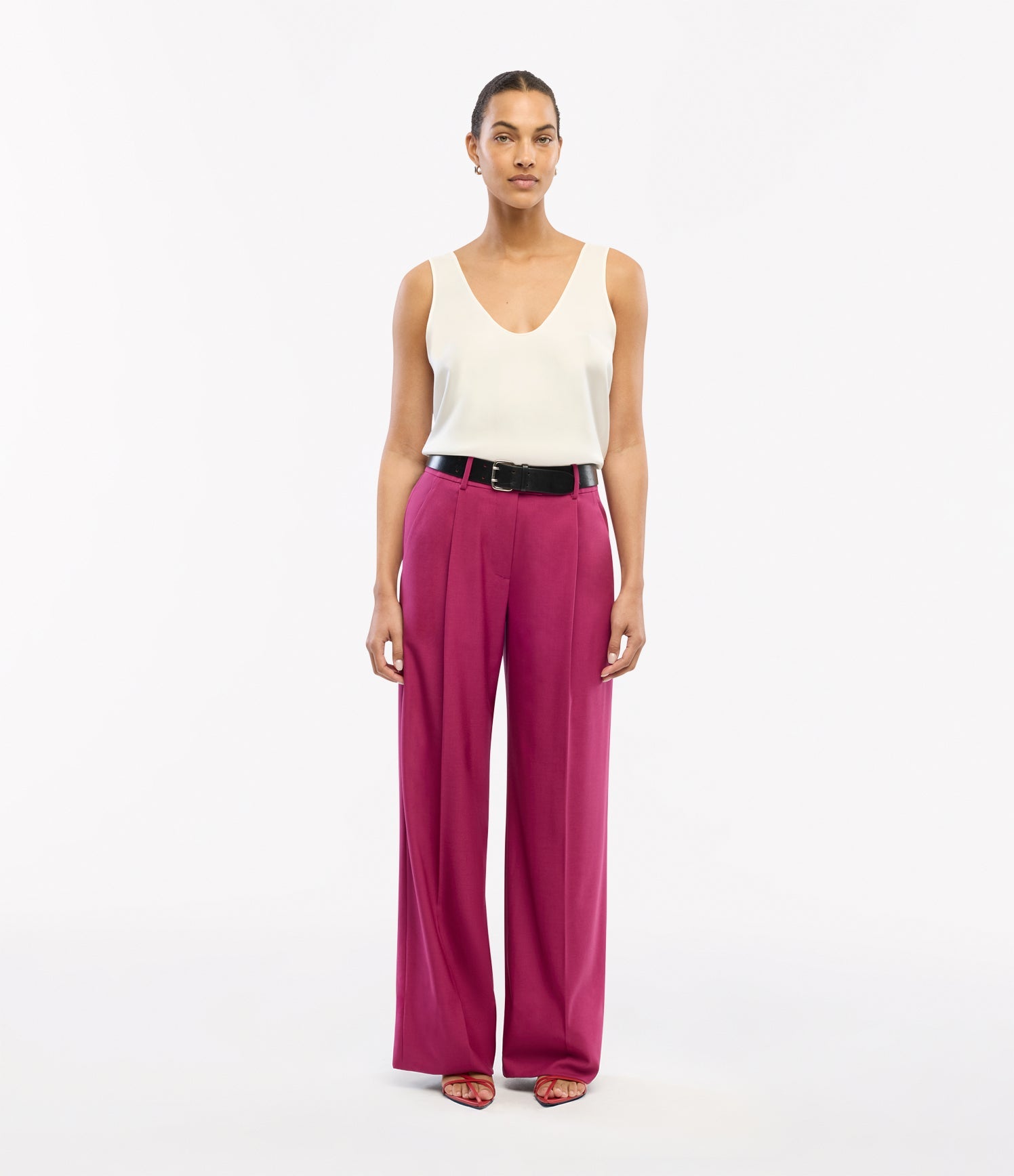 Another Tomorrow Relaxed Wide Leg Pant in Magenta – Wool Women's Trousers