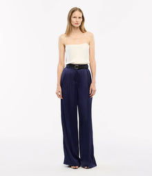 Another Tomorrow Satin Pleated Trouser in Indigo – Satin Women's Trousers