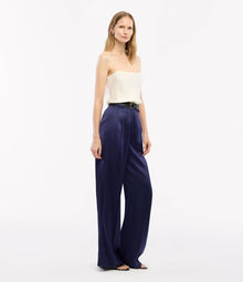 Another Tomorrow Satin Pleated Trouser in Indigo – Satin Women's Trousers
