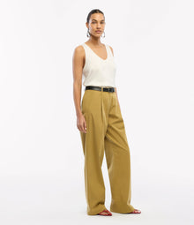 Another Tomorrow Cotton Relaxed Wide Leg Pant in Thyme – Cotton Women's Trousers