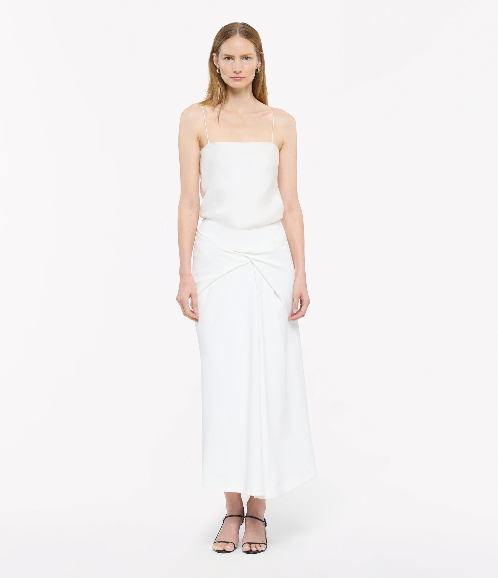 Another Tomorrow Asymmetrical Twist Skirt in Off White – Crêpe Women's Skirt