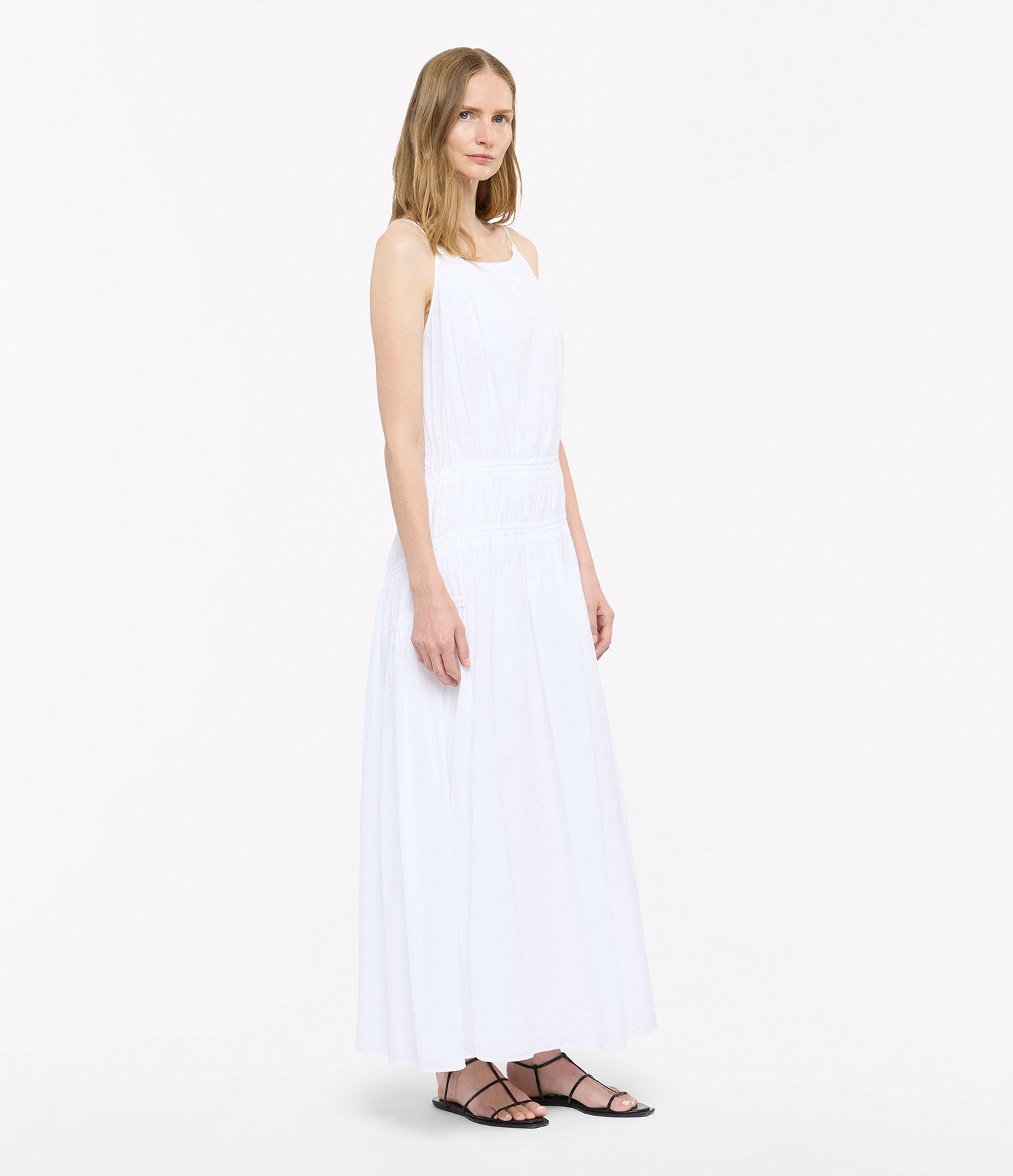 Another Tomorrow Gathered Scoop Back Dress in Off White – Cotton Women's Dress