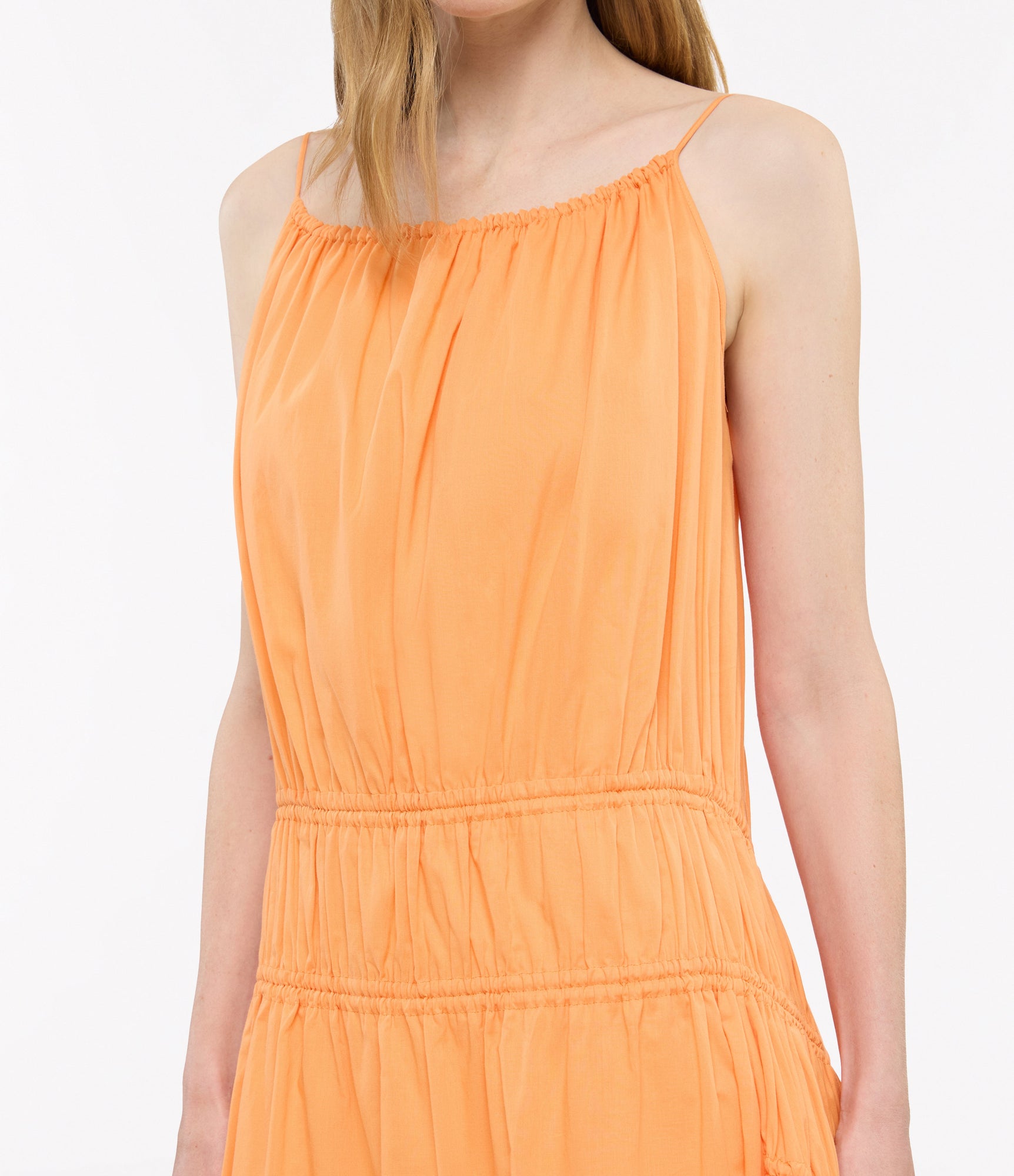 Another Tomorrow Gathered Scoop Back Dress in Papaya – Cotton Women's Dress