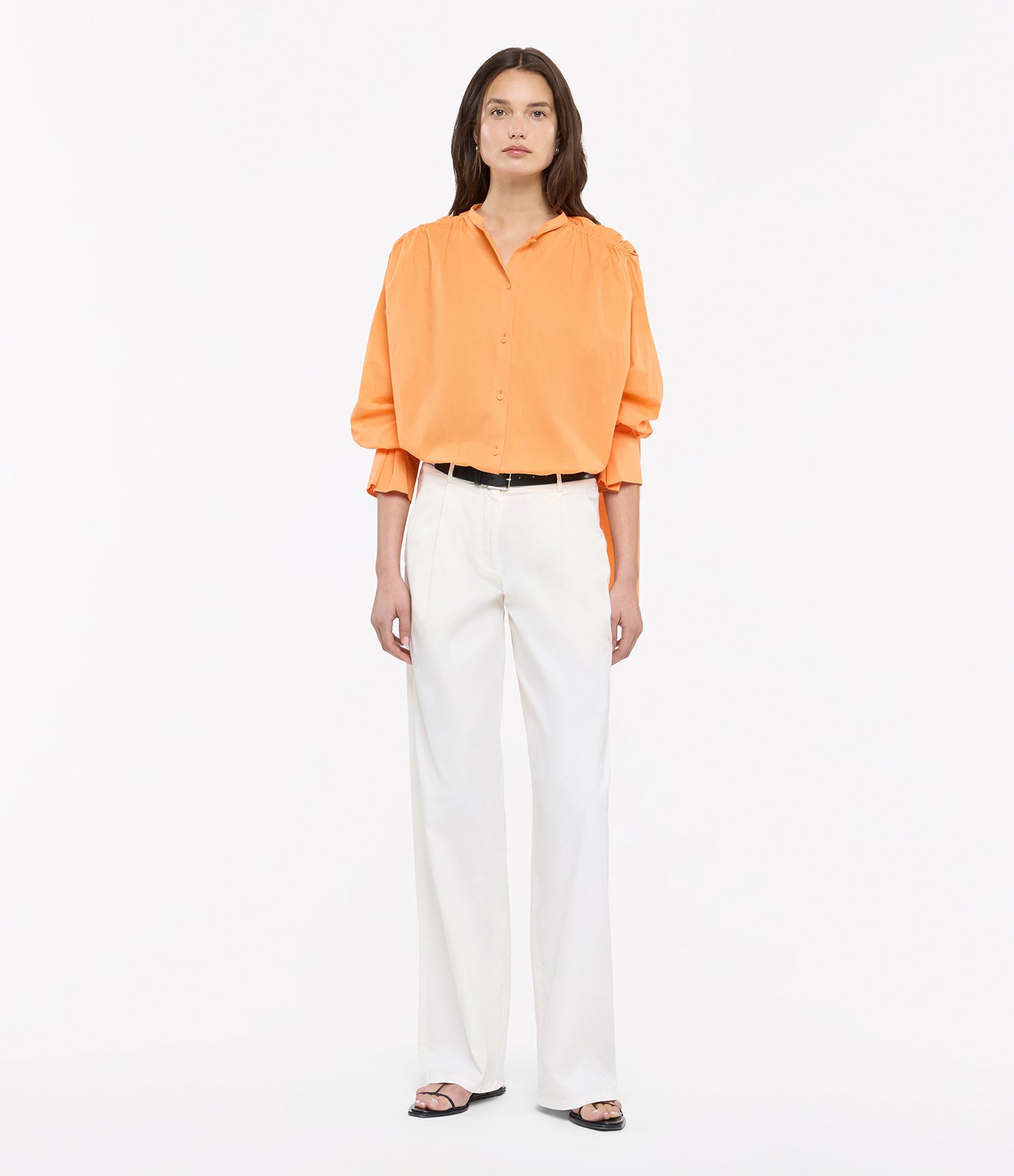Another Tomorrow Gathered Voile Blouse in Papaya – Cotton Women's Top