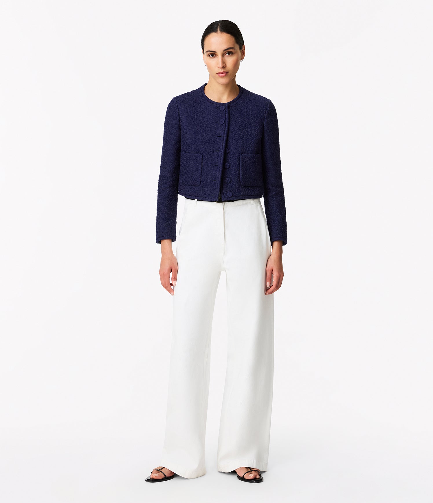 Another Tomorrow Cropped Tweed Jacket in Indigo – Cotton Women's Jacket