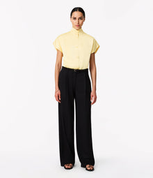 Another Tomorrow Mock Neck Buttoned Top in Daffodil – Satin Women's Top
