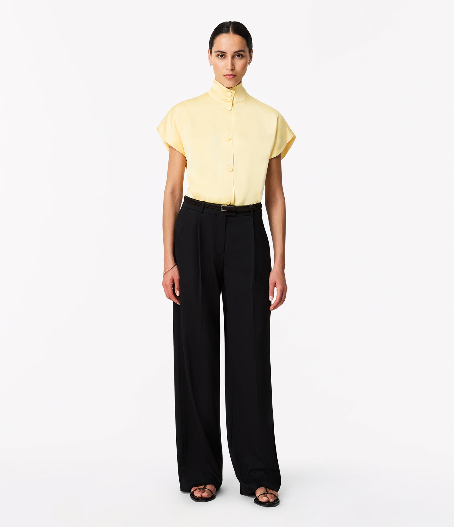 Another Tomorrow Mock Neck Buttoned Top in Daffodil – Satin Women's Top