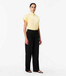 Another Tomorrow Mock Neck Buttoned Top in Daffodil – Satin Women's Top