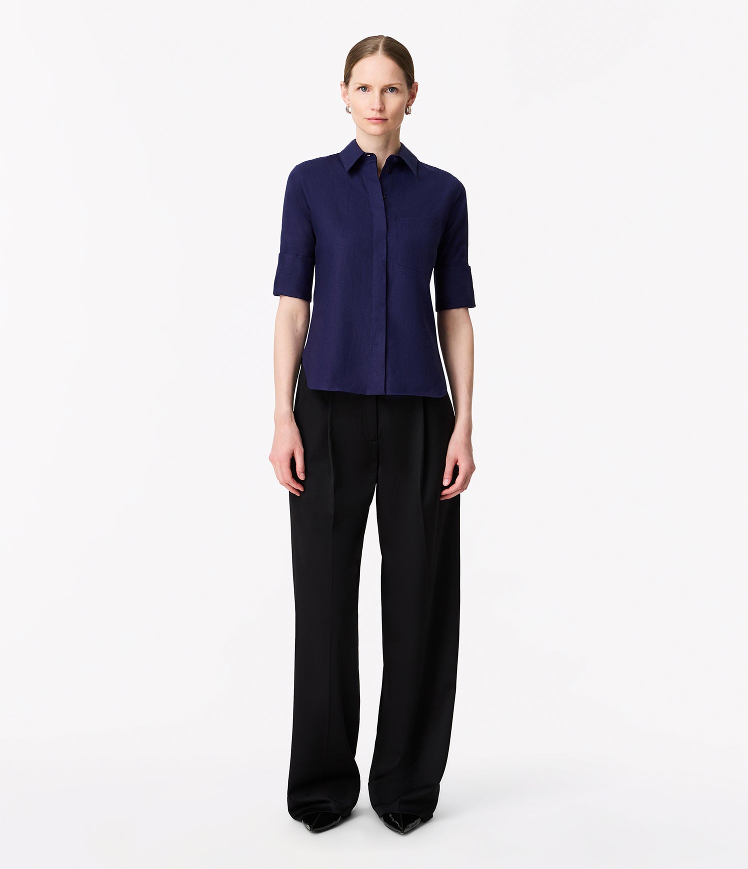 Another Tomorrow Linen French Cuff Blouse in Indigo – Linen Women's Top