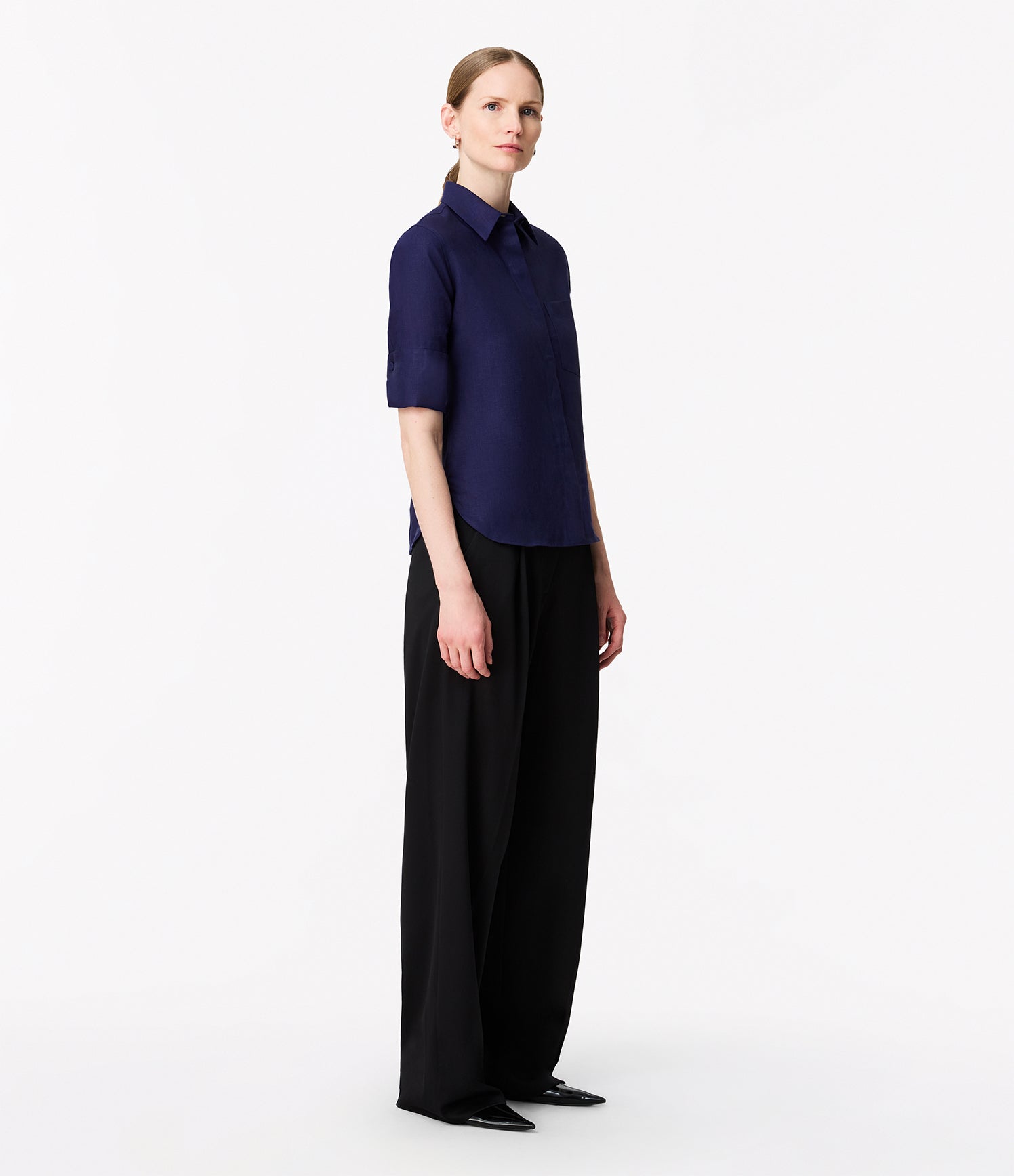 Another Tomorrow Linen French Cuff Blouse in Indigo – Linen Women's Top
