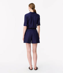 Another Tomorrow Linen Pleated Short in Indigo – Linen Women's Trousers