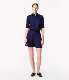 Another Tomorrow Linen Pleated Short in Indigo – Linen Women's Trousers