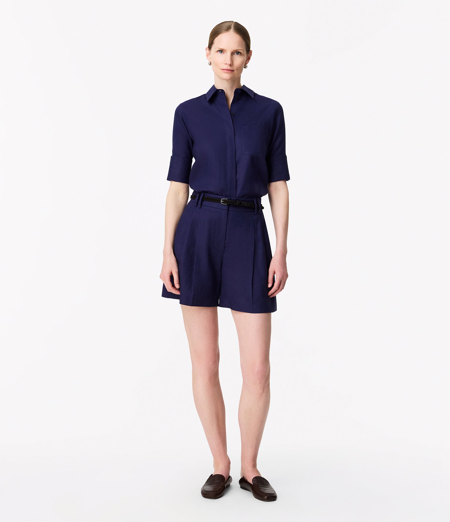 Another Tomorrow Linen Pleated Short in Indigo – Linen Women's Trousers