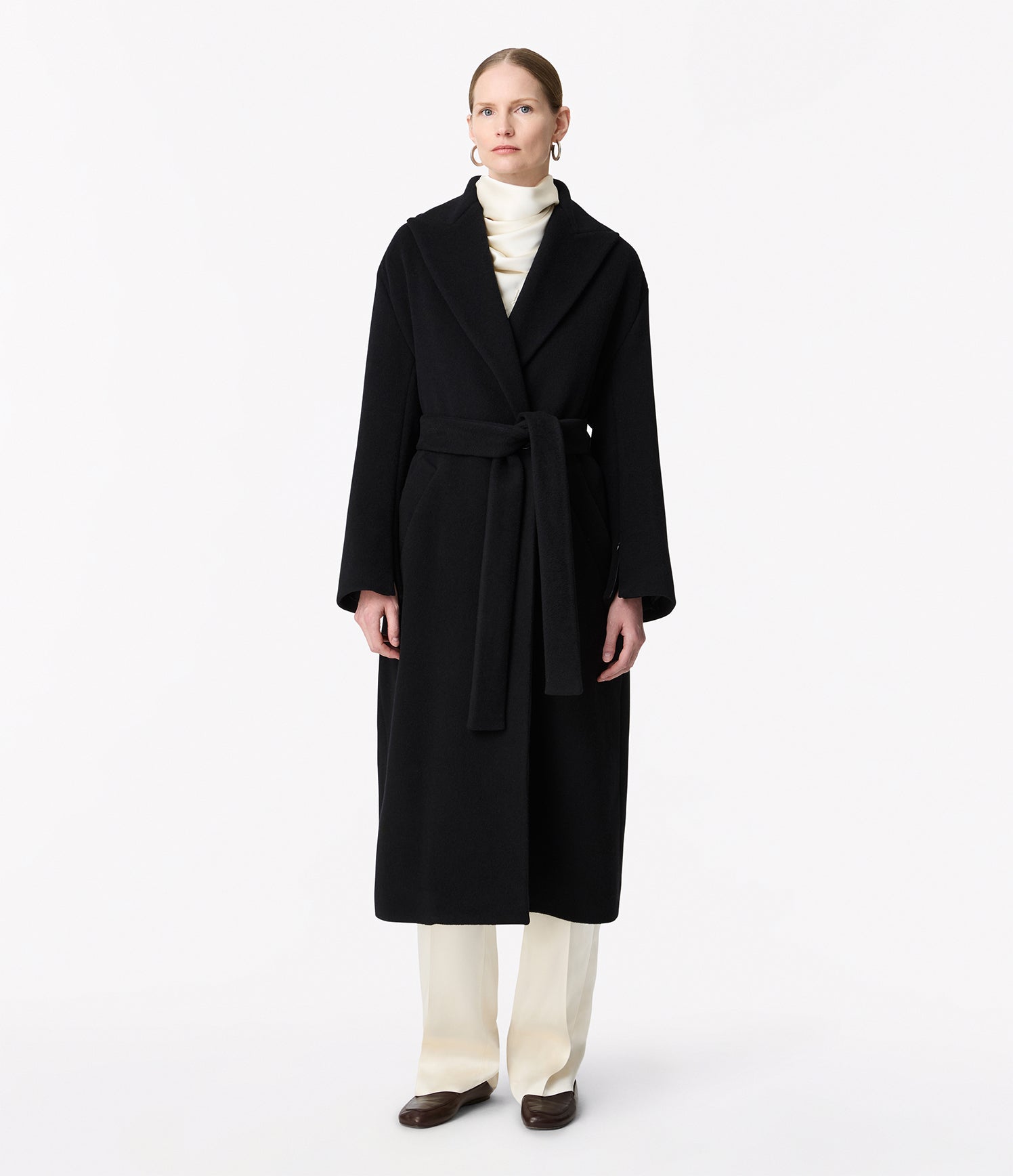 Another Tomorrow Double Breasted Wrap Coat in Black – Wool Women's Outerwear