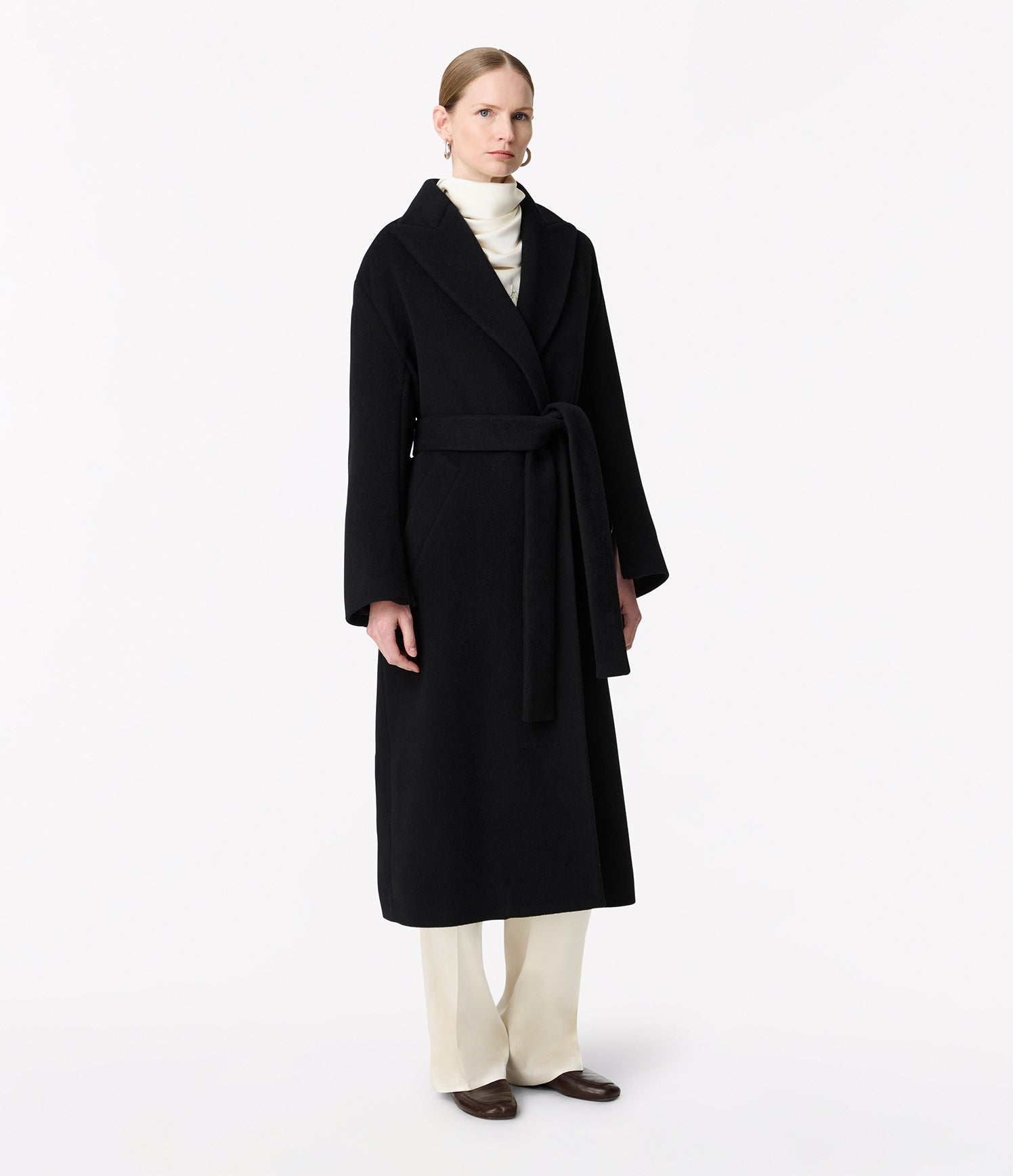 Another Tomorrow Double Breasted Wrap Coat in Black – Wool Women's Outerwear