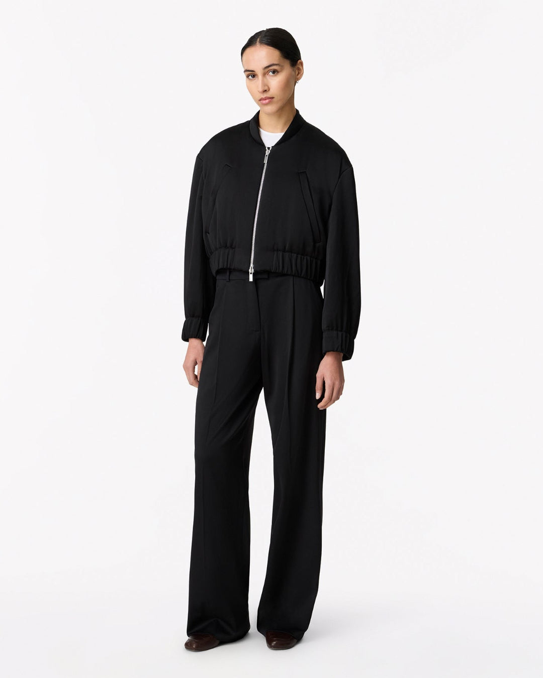 Another Tomorrow Satin Bomber in Black – Satin Women's Outerwear