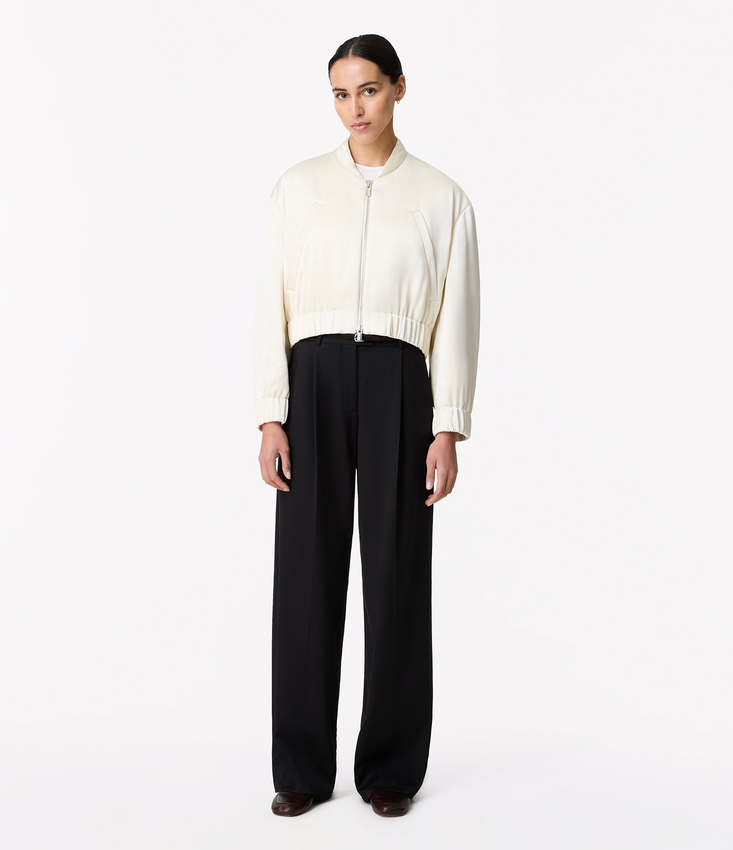 Another Tomorrow Satin Bomber in Cream – Satin Women's Outerwear