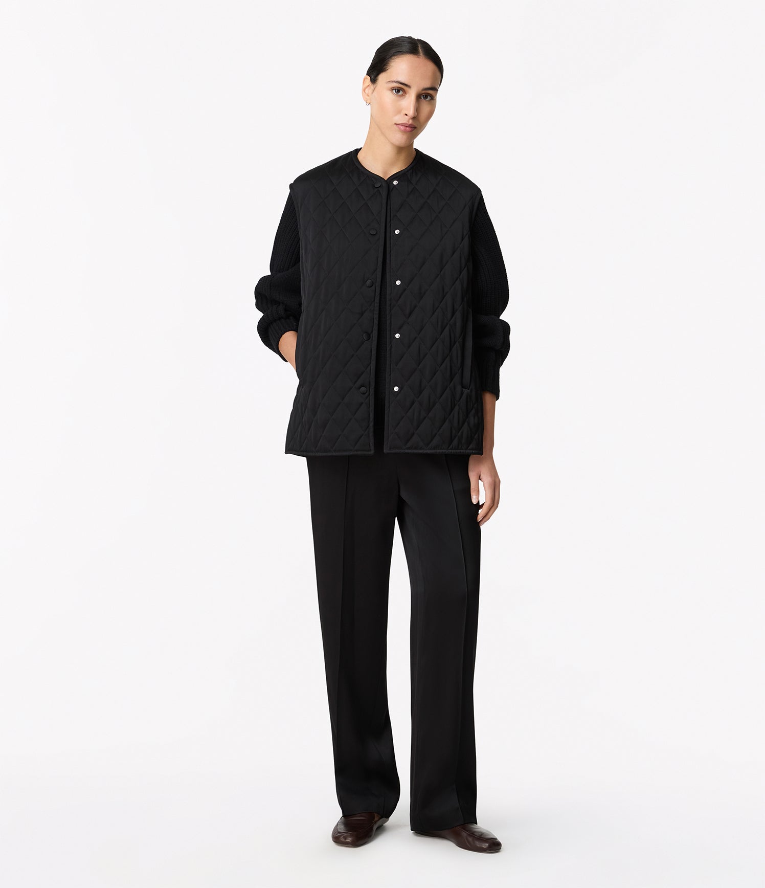 Another Tomorrow Satin Gilet in Black – Satin Women's Jacket