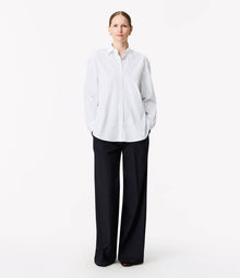 Another Tomorrow Pleat Back Poplin Shirt in Blue Stripe – Cotton Women's Top