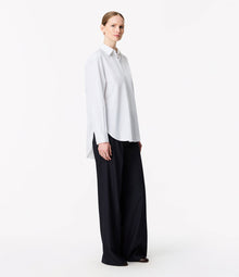 Another Tomorrow Pleat Back Poplin Shirt in Blue Stripe – Cotton Women's Top