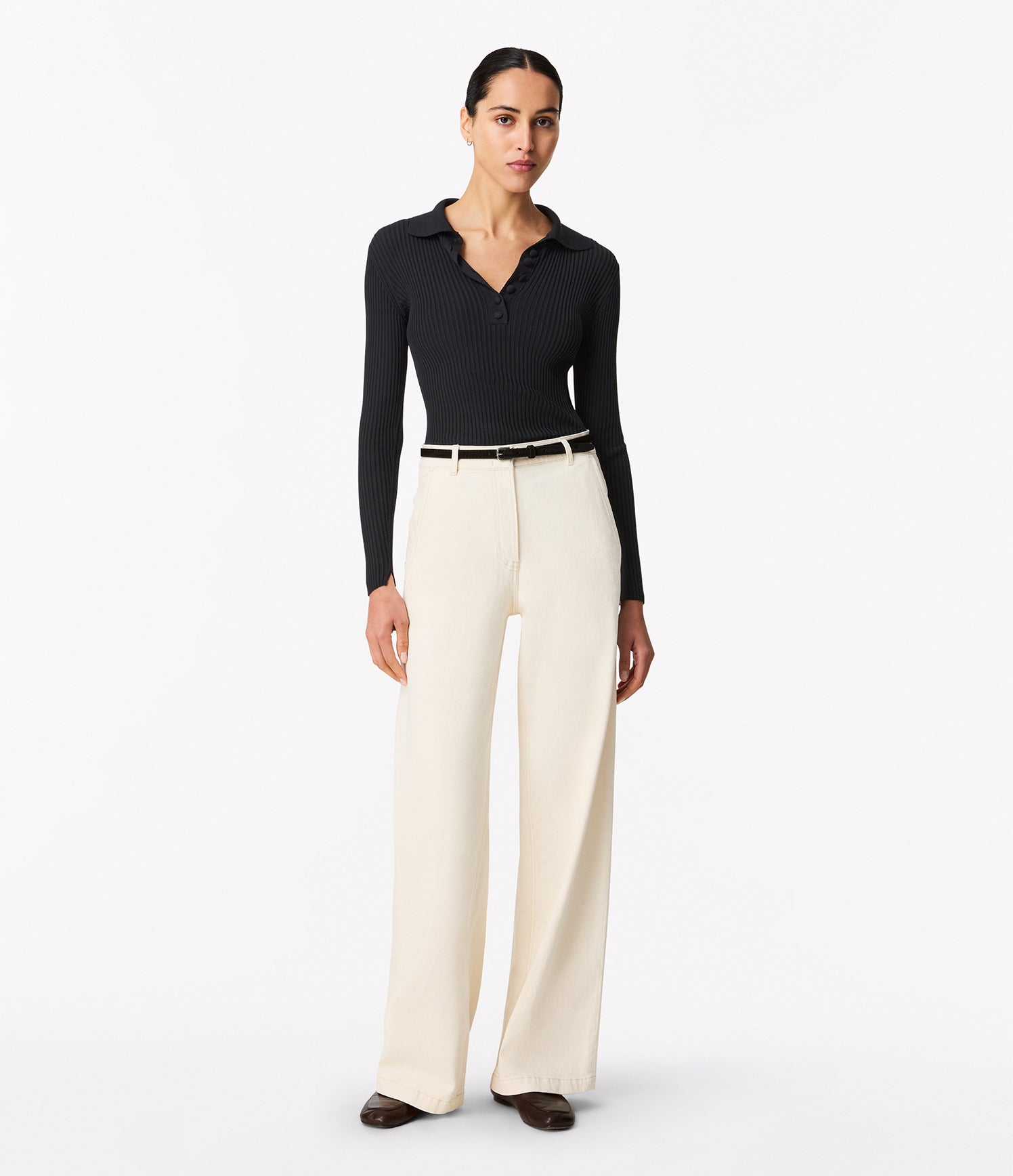 Another Tomorrow Ribbed Knit Polo in Black – Viscose Women's Knitwear