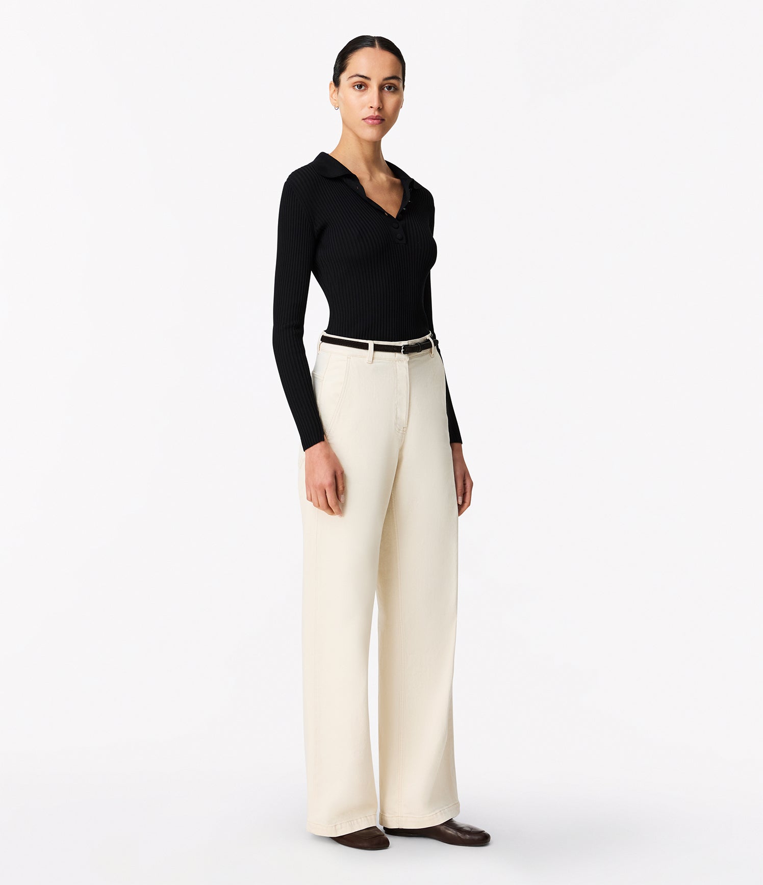 Another Tomorrow Ribbed Knit Polo in Black – Viscose Women's Knitwear