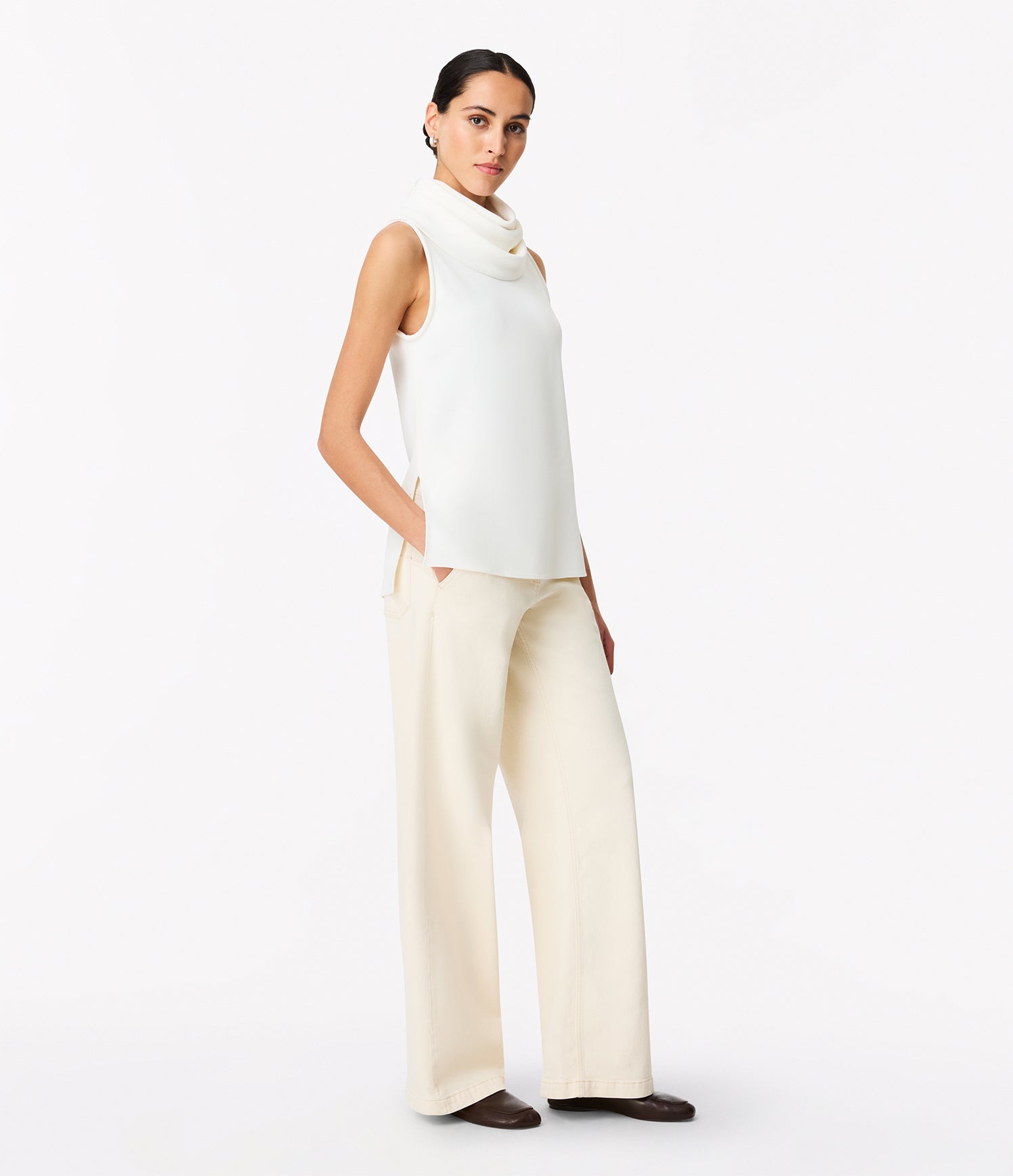 Another Tomorrow Cowl Neck Blouse in White – Crêpe Women's Top
