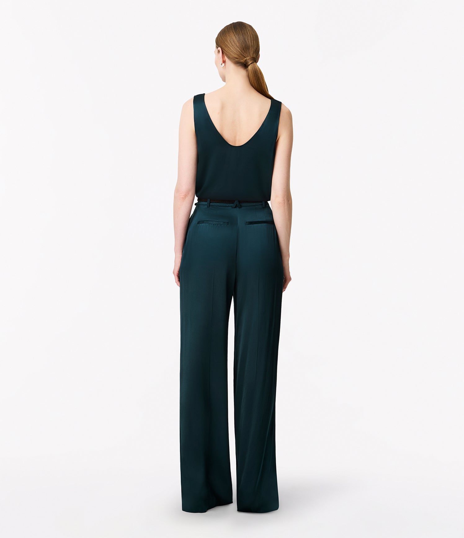 Another Tomorrow Satin Pleated Trouser in Juniper – Satin Women's Trousers