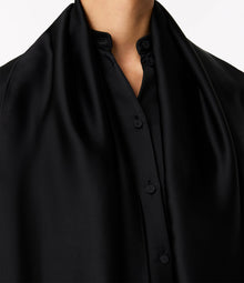 Another Tomorrow Band Collar Blouse With Scarf in Black – Satin Women's Top