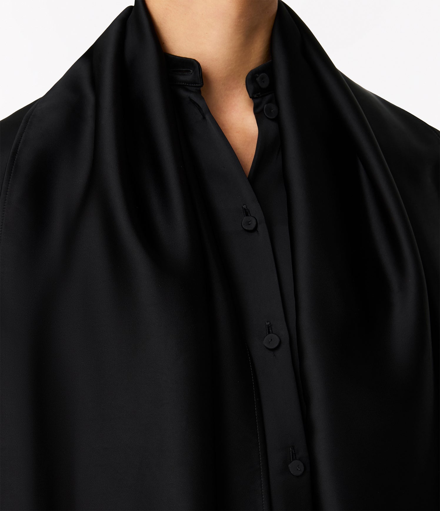 Another Tomorrow Band Collar Blouse With Scarf in Black – Satin Women's Top