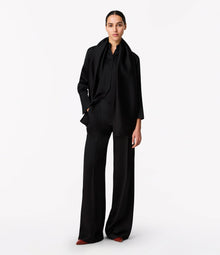 Another Tomorrow Band Collar Blouse With Scarf in Black – Satin Women's Top