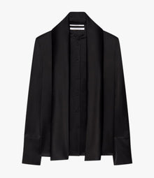 Another Tomorrow Band Collar Blouse With Scarf in Black – Satin Women's Top