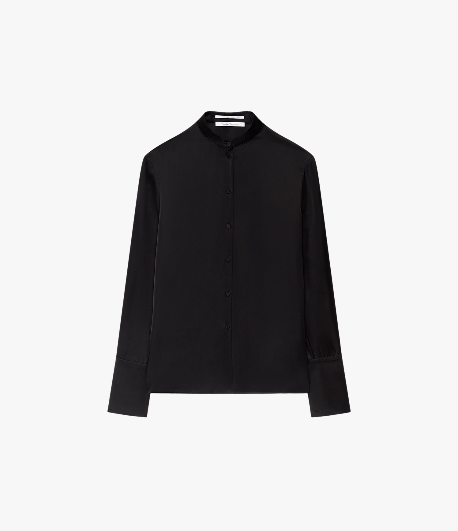 Another Tomorrow Band Collar Blouse With Scarf in Black – Satin Women's Top