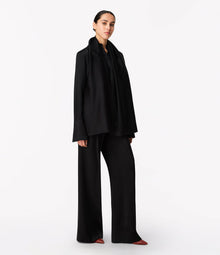 Another Tomorrow Band Collar Blouse With Scarf in Black – Satin Women's Top