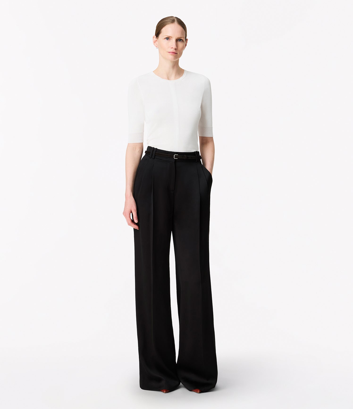 Another Tomorrow Satin Pleated Trouser in Black – Satin Women's Trousers