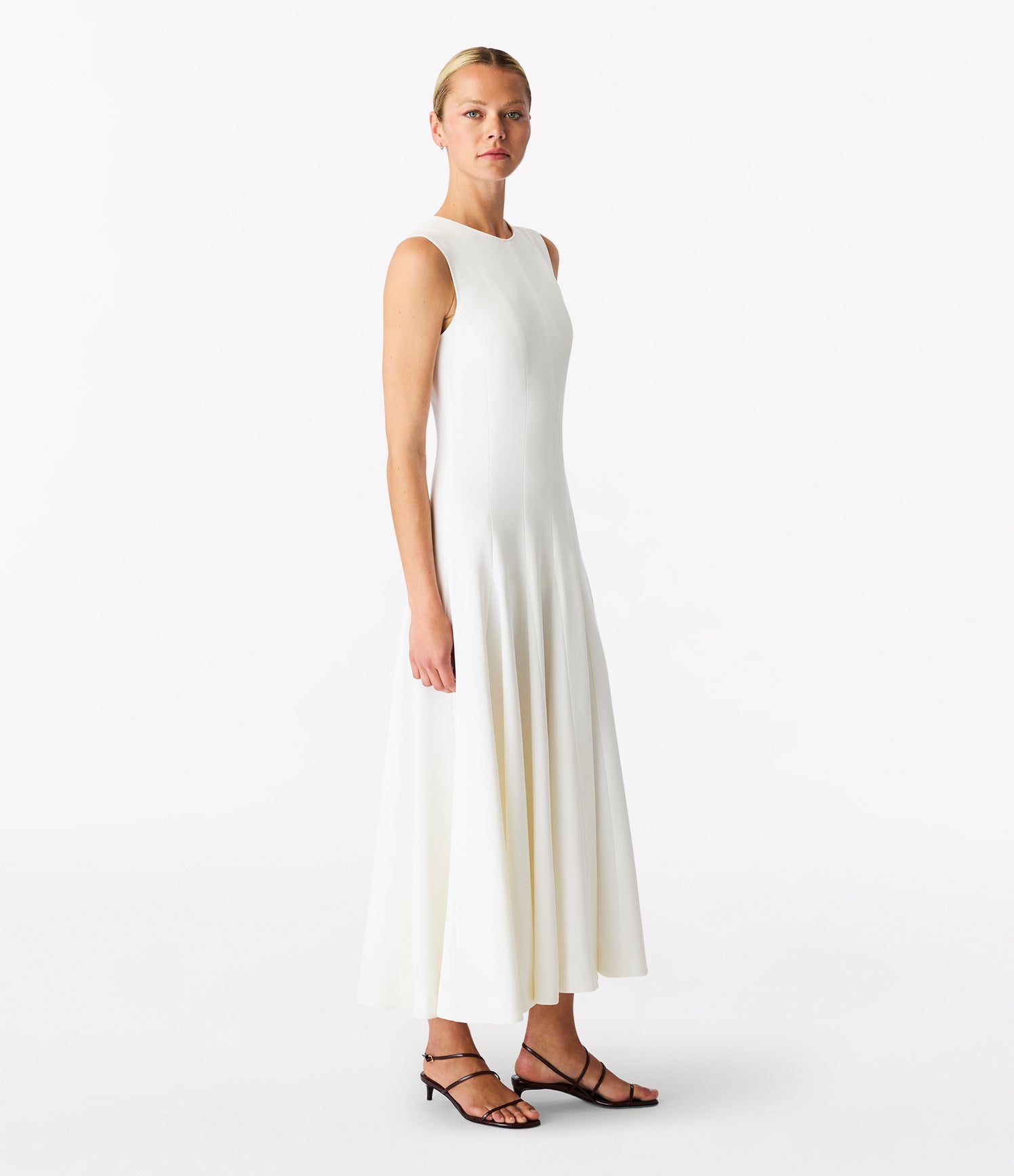 Another Tomorrow Panelled Flare Dress in White – Crêpe Women's Dress
