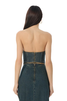 women's crop denim bustier top in dark denim wash