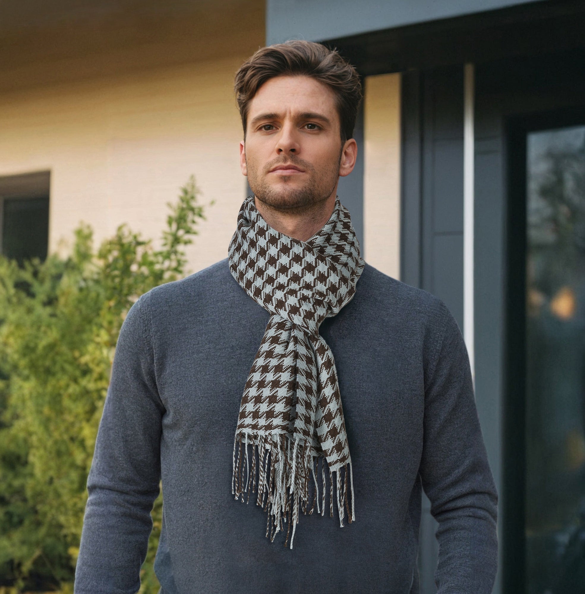 Houndstooth Scarf | Brown/Light Blue