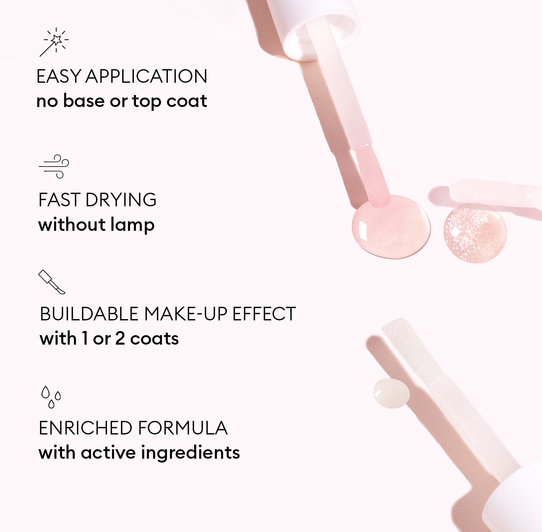 Active™ Shine Opal by Manucurist: Open nail polish bottles with brush and drops beside text—Easy application with no need for base or top coat; fast drying without a lamp; buildable make-up effect in 1 or 2 coats; enriched formula with active ingredients to strengthen nails and support your nail care routine.