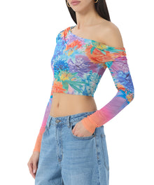 women's slightly off the shoulder long sleeve top in neon botanical print