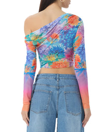 women's slightly off the shoulder long sleeve top in neon botanical print