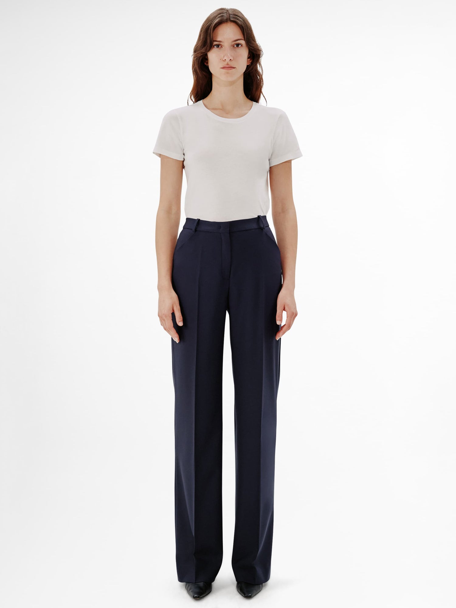 Another Tomorrow Slight Flare Trouser in Navy – Wool Women's Trousers