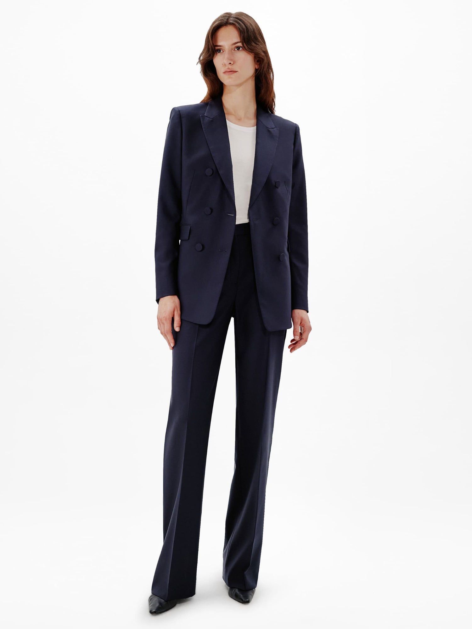 Another Tomorrow Slight Flare Trouser in Navy – Wool Women's Trousers