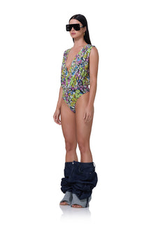 women's deep V cut bodysuit in blurred floral print