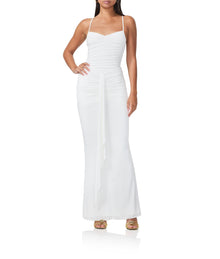 women's ruched maxi dress with a front draped tie in white