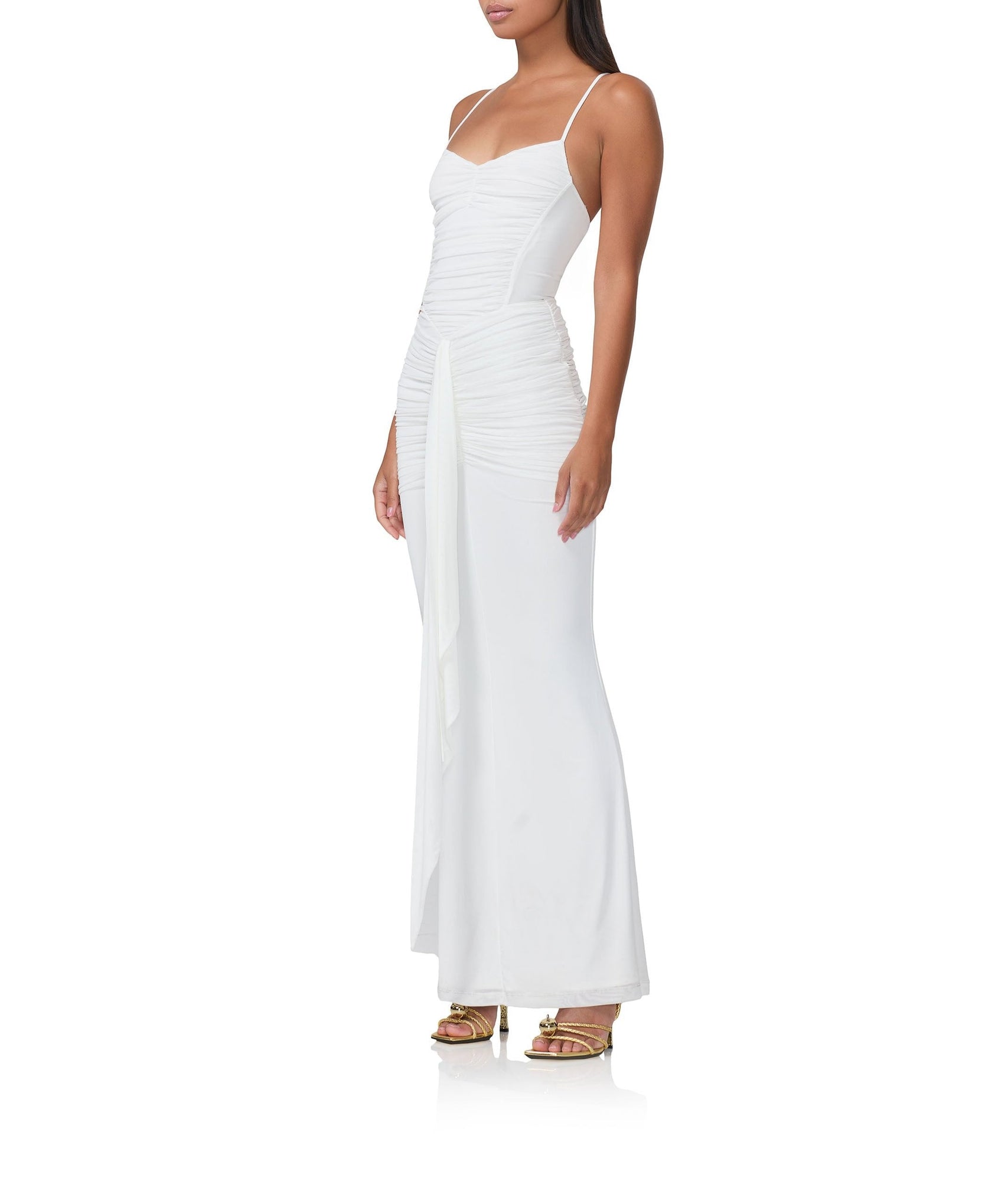 women's ruched maxi dress with a front draped tie in white