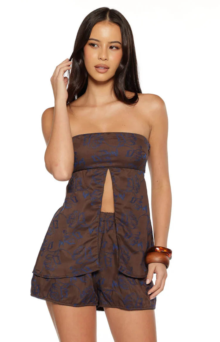 Ailany Floral Strapless Longline Top | Brown