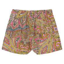 Colorful paisley patterned swim trunk with gold, pink, purple, and green ornamental designs throughout.